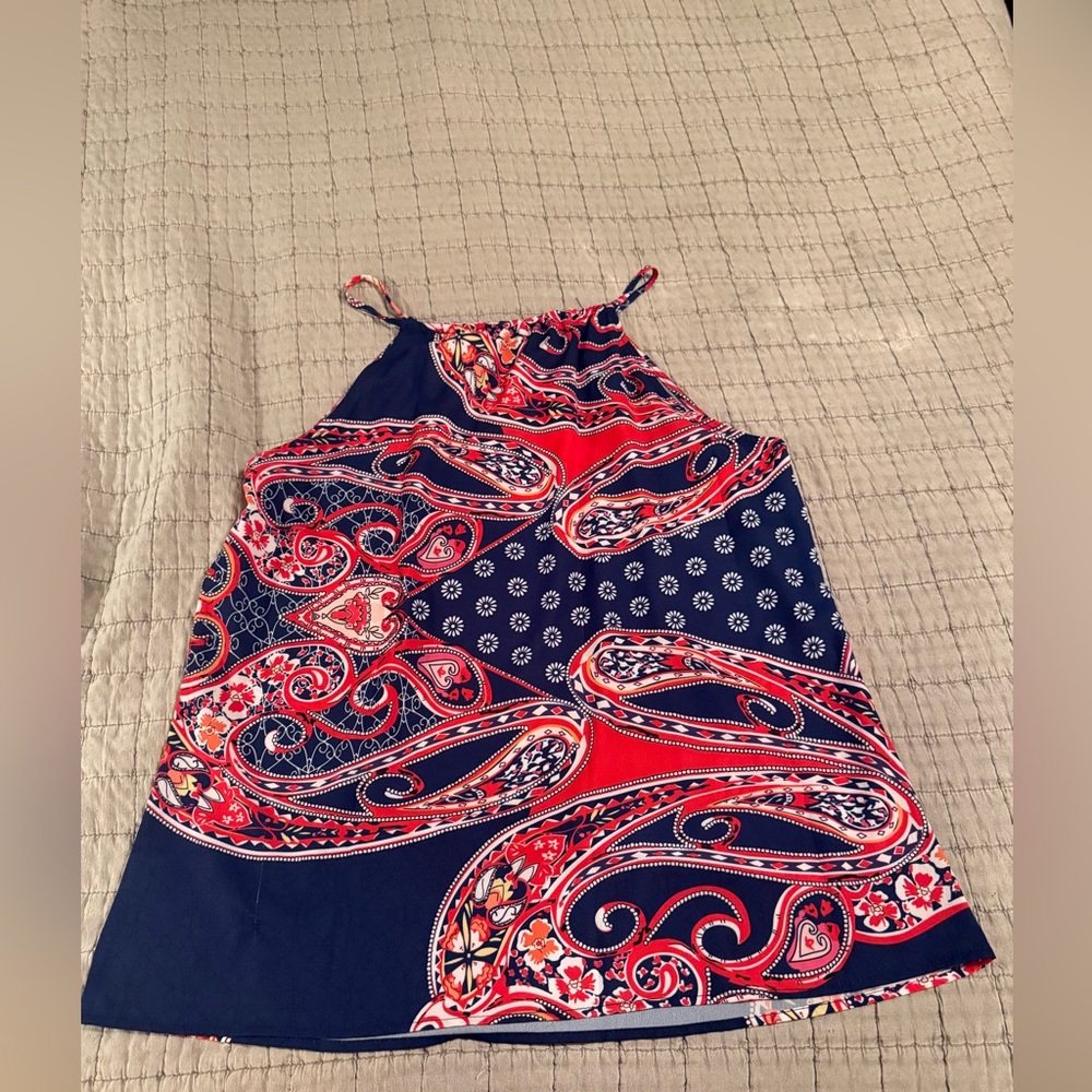 Paisley Print High Neck Sleeveless Scarf Blouse Blue size XL